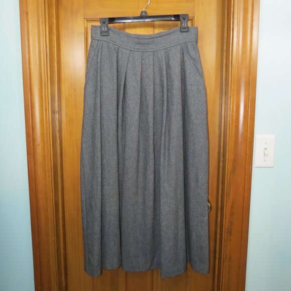 VTG 1980s-90s Chaus Grey Skirt Wool Blend Midi Tea Length Pockets Pleats Size 14 - Picture 1 of 8